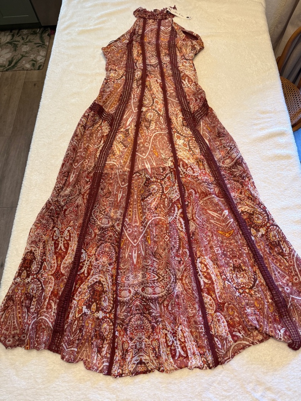 Willow & Clay Burgundy and Tan Paisley Maxi Dress with ruffle neck and open back